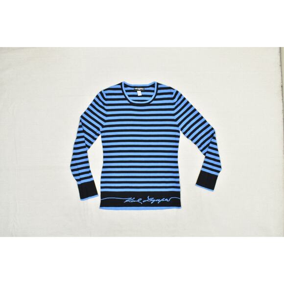 Karl Lagerfeld Sweater Womens Large Blue Black Striped Long Sleeve Pullover Logo - Picture 1 of 8